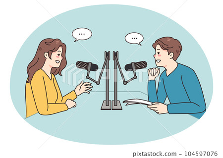 Diverse people talk in microphones at radio 104597076