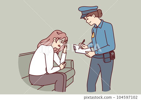 Woman police officer interrogates victim of robbery or attempted sexual assault to find perpetrator 104597102