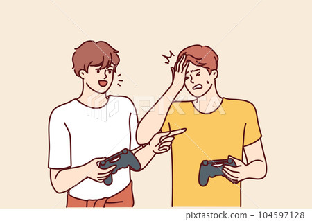 Men play video game and hold joysticks for computer or console during home esports tournament Men play video game and hold joysticks for computer or console during home esports tournament 104597128