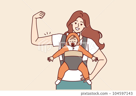 Strong mother with newborn in baby carrier shows biceps demonstrating confidence in future of child 104597143