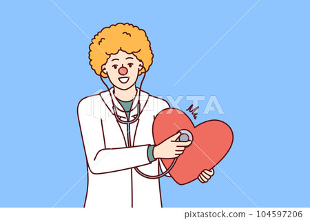 Doctor with clown haircut holds stethoscope and heart to congratulate children on red nose day 104597206