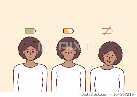 Woman with different battery levels for concept of difference between human mental state 104597219