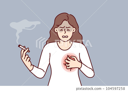 Woman smokes with heart condition needs give up cigarettes and tobacco to avoid dying from cancer 104597258