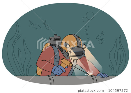Diver in uniform repair pipe underwater 104597272