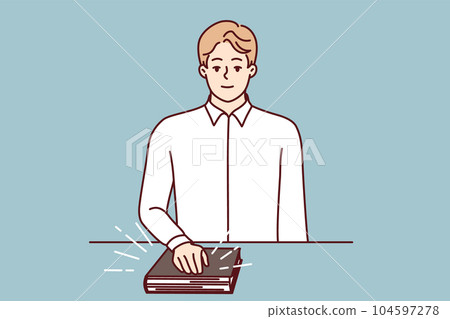 Man swears with hand on bible to reflect honesty and absence of selfish thoughts 104597278