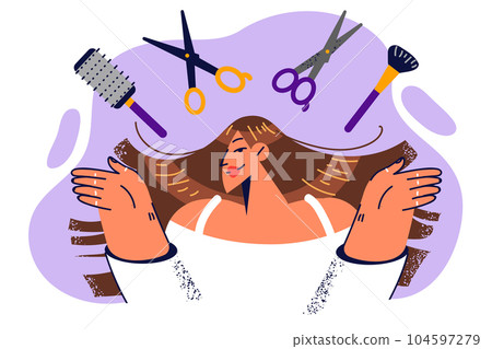 Woman hairdresser with tools to work on beautiful hairstyle and create new look thanks to haircuts. 104597279