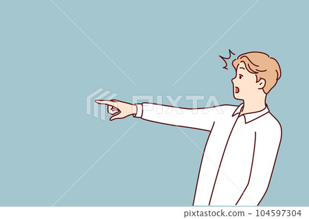 Surprised man with WOW emotions points finger to side to draw customer attention to copy space Surprised man with WOW emotions points finger to side to draw customer attention to copy space 104597304