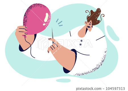Man with balloon and sharp needle wants to make explosion to scare colleagues and do funny prank Man with balloon and sharp needle wants to make explosion to scare colleagues and do funny prank 104597313
