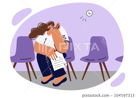 Bored woman with resume sits in corridor waiting for interview with HR manager in recruiting company 104597315