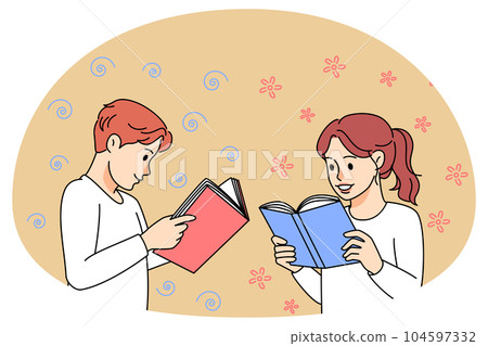 Happy kids enjoy books reading 104597332