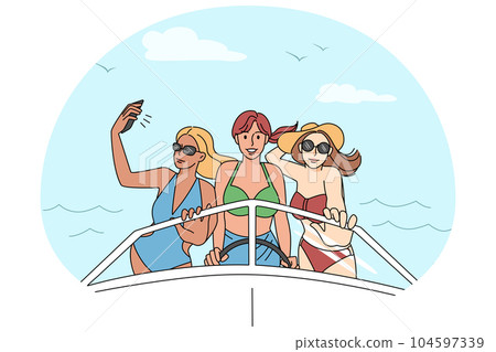 Happy girls in biking on yacht 104597339