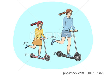 Happy mother and child riding scooters 104597368