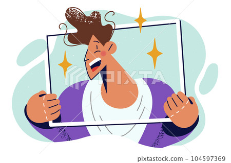 Laughing man posing with picture frame to take creative picture for internet blog or social network 104597369