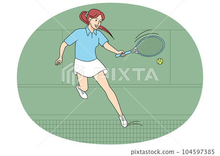 Happy woman playing tennis on court 104597385