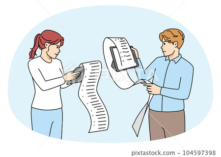 Unhappy people reading long lists 104597398