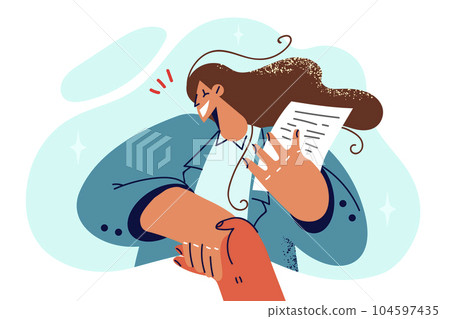Woman shakes hands with business partner and smiles holding business contract in hands 104597435