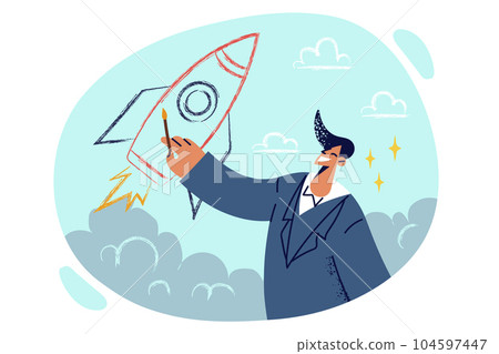 Man draws rocket flying up, symbolizing rapid career growth and launch successful startup business 104597447