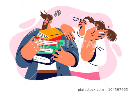 Smiling woman near embarrassed man student with books to prepare for exams or improve skills Smiling woman near embarrassed man student with books to prepare for exams or improve skills 104597465