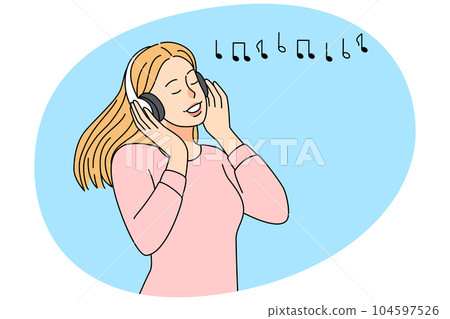 Happy girl listening to music in earphones Happy girl listening to music in earphones 104597526