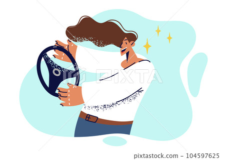 Woman with wheel drives invisible car for concept taking driving courses and lessons for license. 104597625