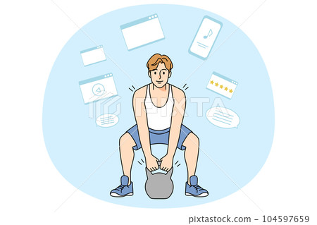 Strong man workout with barbell in gym 104597659