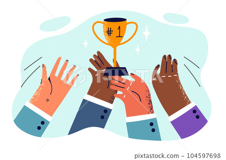Hands employees people with golden cup for concept business rivalry and aspiration to become leader 104597698