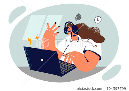 Nervous woman call center specialist sits at table with laptop and uses headset for consultation 104597799
