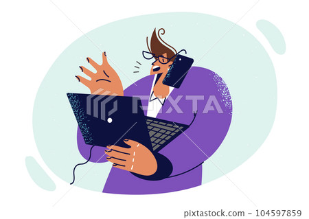 Busy man is talking on phone with client and holding laptop working as sales manager in corporation Busy man is talking on phone with client and holding laptop working as sales manager in corporation 104597859