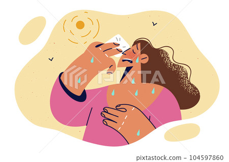 Woman with heatstroke wipes sweat from face due to sharp warming associated with climate change Woman with heatstroke wipes sweat from face due to sharp warming associated with climate change 104597860
