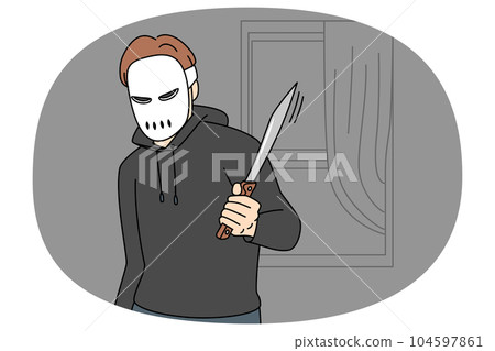 Thief in mask with knife at robbery 104597861