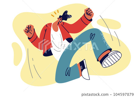 Overjoyed man jumps up feeling euphoric after impressive achievement and success in school or work 104597879