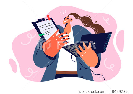 Busy business woman standing with laptop and clipboard and striving for success or multitasking Busy business woman standing with laptop and clipboard and striving for success or multitasking 104597893