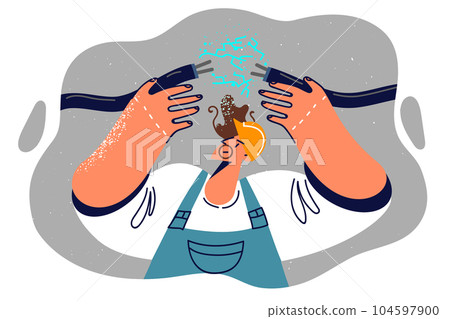 Electrite man holds broken wire restoring power supply interrupted due to accident. Electrite man holds broken wire restoring power supply interrupted due to accident. 104597900
