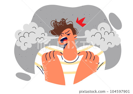 Angry boy with steam coming out of ears trying to draw attention to teenage psychological problems 104597901