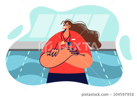 Woman swimming coach stands with arms crossed near pool to train young swimmers. 104597958