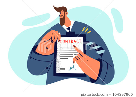 Businessman holds contract urging employees or partners to comply with terms of agreements 104597960