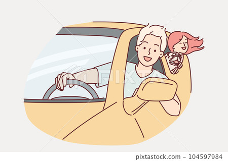Happy family rides in car leaning out of windows to enjoy summer trip together or trip to mall 104597984