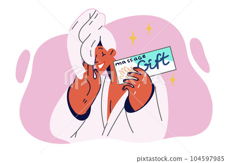Woman in SPA robe shows gift voucher for trip to beautician or massage therapist. Woman in SPA robe shows gift voucher for trip to beautician or massage therapist. 104597985