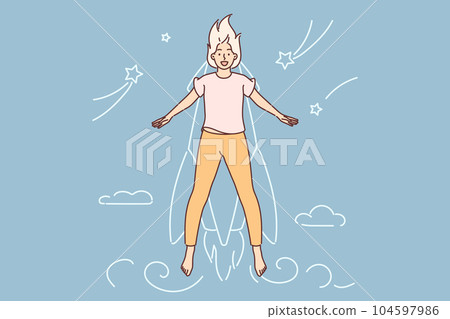 Successful woman flies on fictional rocket symbolizing progress in education or career Successful woman flies on fictional rocket symbolizing progress in education or career 104597986