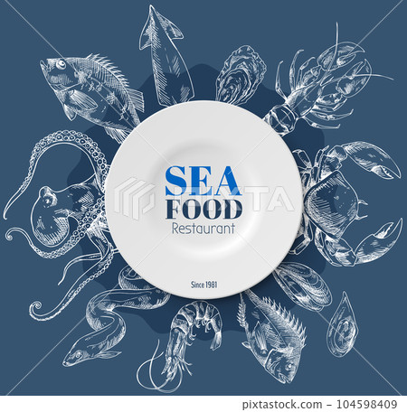 Composition of fish and sea food on blue background. Seafood shop or restaurant, template for logo 104598409