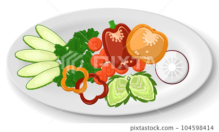 Assorted fresh natural vegetables on plate. Paprika, carrots, radishes, lettuce and artichoke dish 104598414