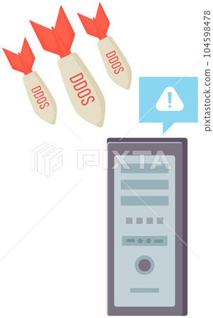 Distributed denial of service, hacking isolated flat vector illustration. Bombs fly down to server 104598478