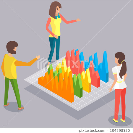 Employees analyze statistical indicators, business data. Characters work with marketing research 104598520