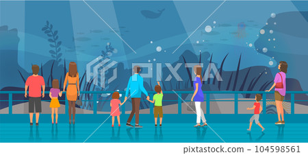 People watching underwater scenery with sea animals in oceanarium. Underwater fauna in aquarium 104598561