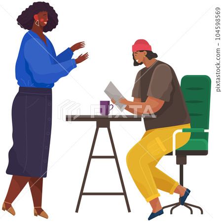 Communication, conversation at workplace. Colleagues communicate. People discuss work questions 104598569