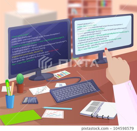 Office worker sitting at table with computer pointing to monitor, programmer writes program code Office worker sitting at table with computer pointing to monitor, programmer writes program code 104598579