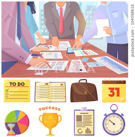 Business meeting in office. Hands write, point fingers at documents and tablet, session of partners Business meeting in office. Hands write, point fingers at documents and tablet, session of partners 104598618