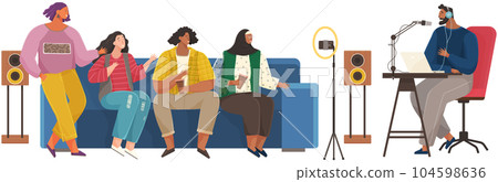Making live talk show. Radio host interviewing people. Recording podcast, live broadcast in studio Making live talk show. Radio host interviewing people. Recording podcast, live broadcast in studio 104598636