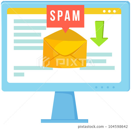 Spam email warning sign. Concept of virus, piracy, hacking and security. Envelope with spam Spam email warning sign. Concept of virus, piracy, hacking and security. Envelope with spam 104598642