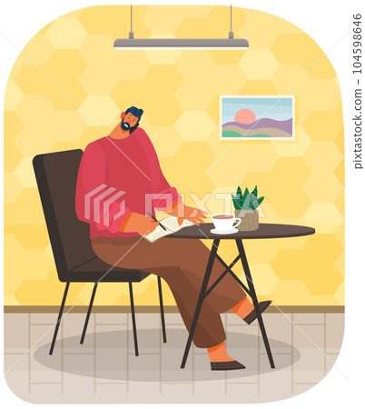 Person works, speaks on smartphone and takes notes. Man sitting and working in coffee house alone Person works, speaks on smartphone and takes notes. Man sitting and working in coffee house alone 104598646